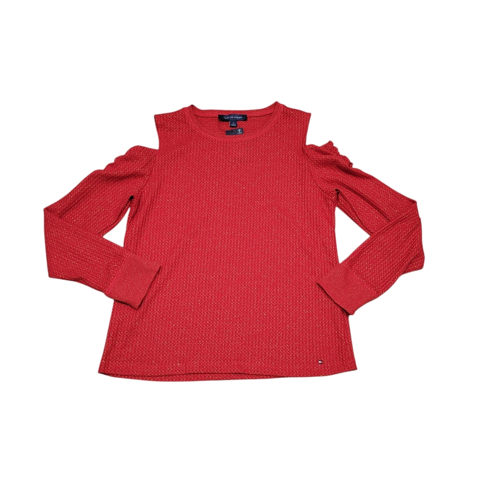 Tommy Hilfiger Red Shirt Waffel texture cold shoulder Juniors Size Medium Red